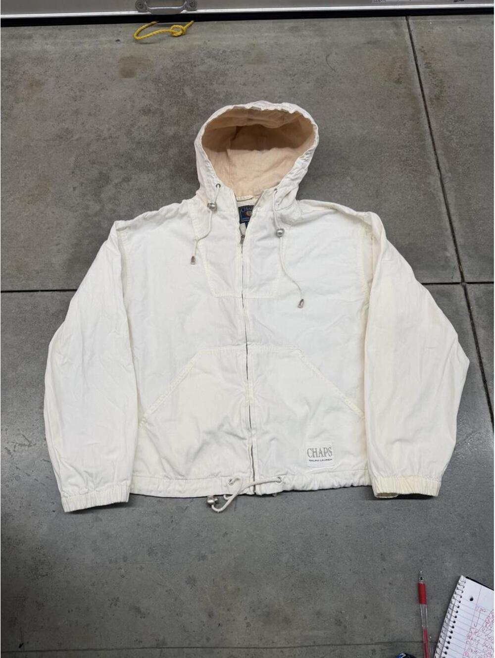 vintage chaps ralph lauren white zip up drawstring work jacket size large